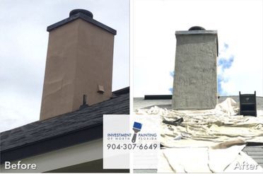 A before and after picture of a chimney being painted.