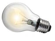 A light bulb with a glowing filament on a white background.