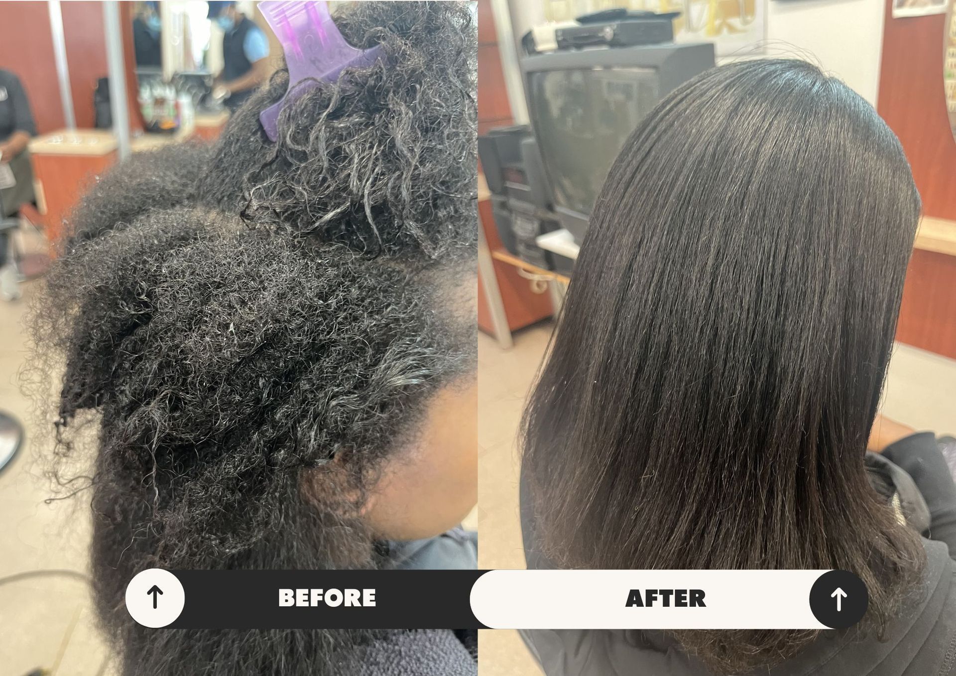 Before-and-after hair treatment showing frizzy hair transformed into smooth, straight hair.