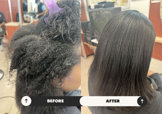 Before-and-after hair treatment showing frizzy hair transformed into smooth, straight hair.
