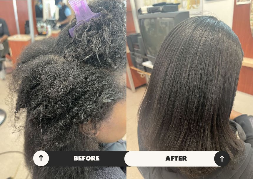 Before-and-after hair treatment showing frizzy hair transformed into smooth, straight hair.