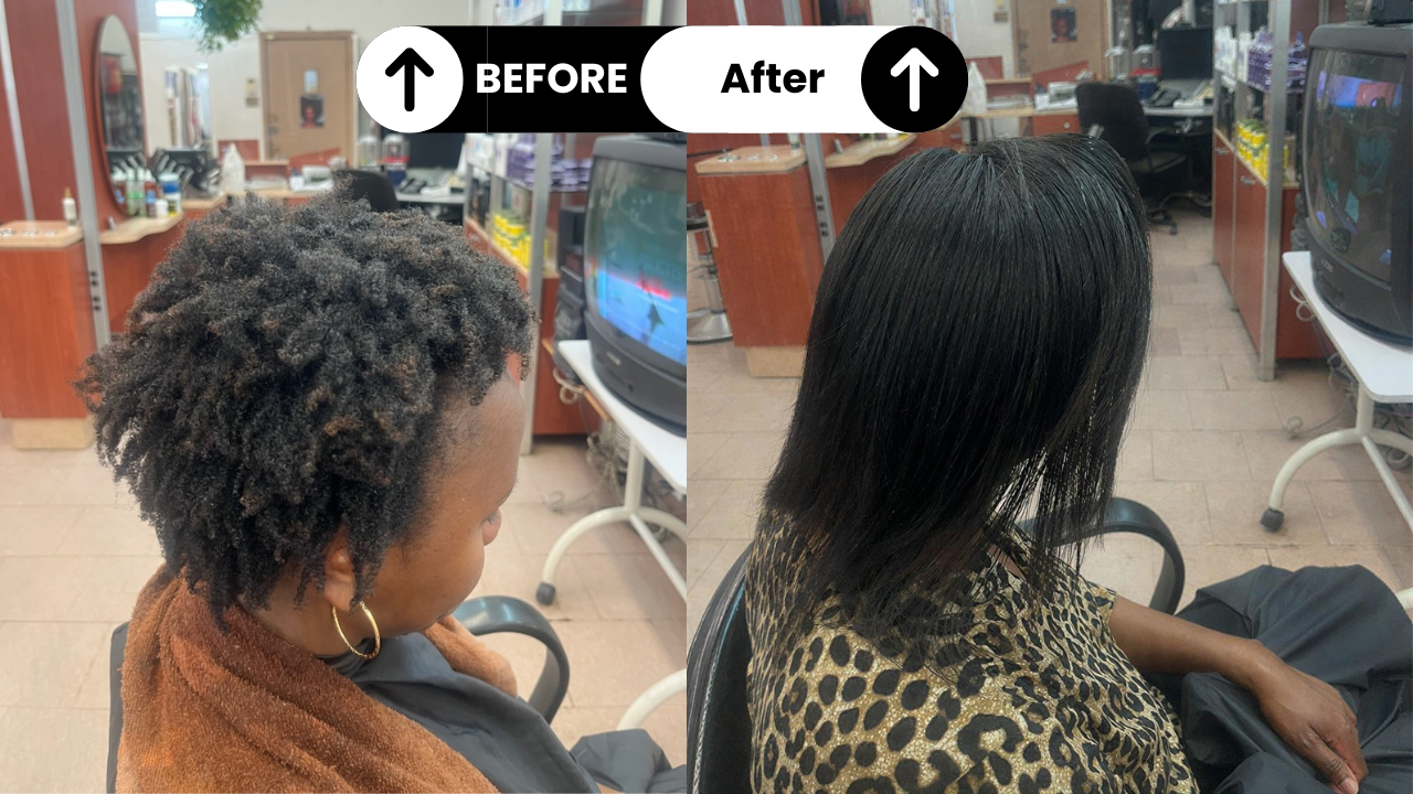 Before-and-after hair treatment showing frizzy hair transformed into smooth, straight hair.