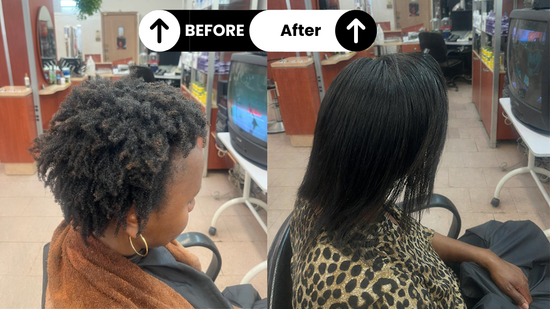 Before-and-after hair treatment showing frizzy hair transformed into smooth, straight hair.