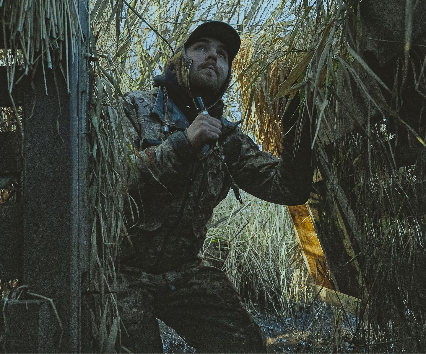 Pro Drift guide calling ducks from natural cover blind Whatcom County