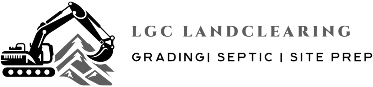 Logo for LGC Landclearing, with an excavator icon and text: grading, septic, and site prep.