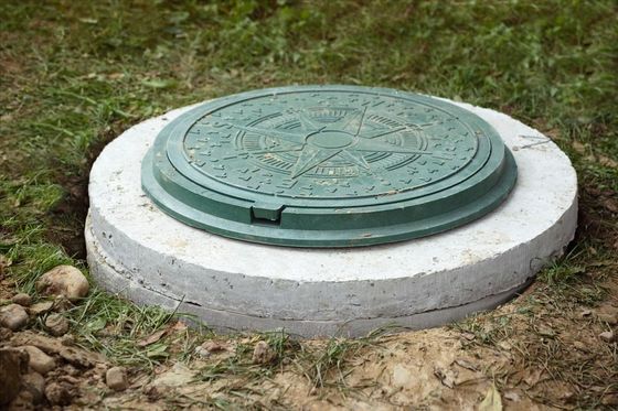 Green manhole cover on a concrete ring set in the grass and dirt.