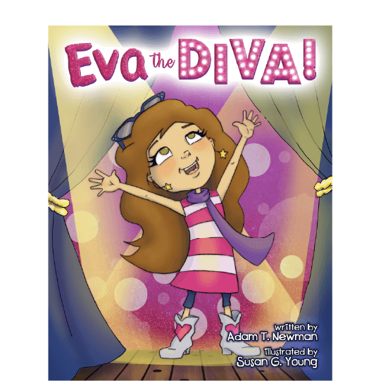 Girl on stage with arms stretched up and looking up. Text: Eva the Diva!