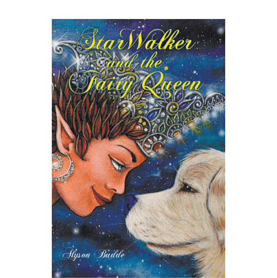 Fairy with a bejewled crown and a dog looking kindly into each other’s eyes at very close range. Text: StarWalker and the Fairy Queen.