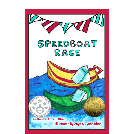 Two simple boats floating on the water with a festive banner overhead. The book cover features two awards. Text: Speedboat Race. Readers’ Favorite Five Stars. Clara J. Johns Literary Awards.