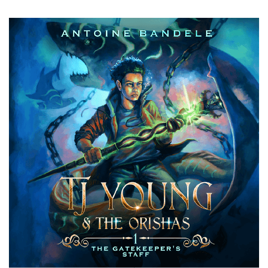 Young person with a serious expression is holding a staff with a glowing light and is standing underwater among sharks and an eel. Text: TJ Young & the Orishas. Book 1. The Gatekeeper’s Staff. By Antoine Bandele.