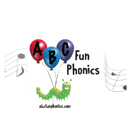 Caterpillar with three balloons and musical notes. Text: ABC Fun Phonics.