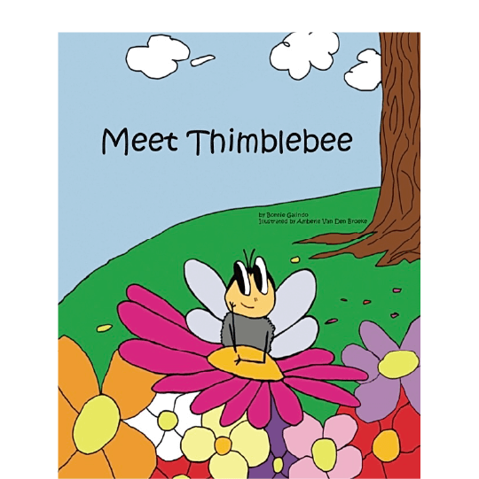 Bee among colorful flowers pondering and looking off to the side. Text: Meet Thimblebee.