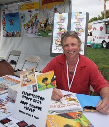 Author smiling and promoting his books. Text: Author and illustrator book signing opportunities