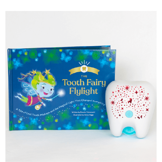 Book with a tooth fairy and a projector nightlight shaped like a tooth. Text: The Tooth Fairy Flylight. A Tale of Lost Tooth Mishaps and the Magical Light That Changed Everything.