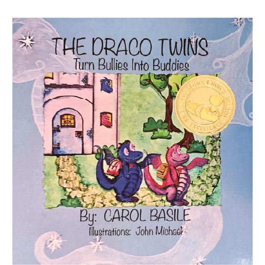 Two small dragons standing next to each other outside. Text: The Draco Twins. Turn Bullies Into Buddies. Mom’s Choice Awards Honoring Excellence.