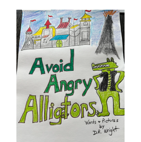 Standing alligator with hands on hips and wearing a shirt with a castle and volcano in the background. Text: Avoid Angry Alligators.