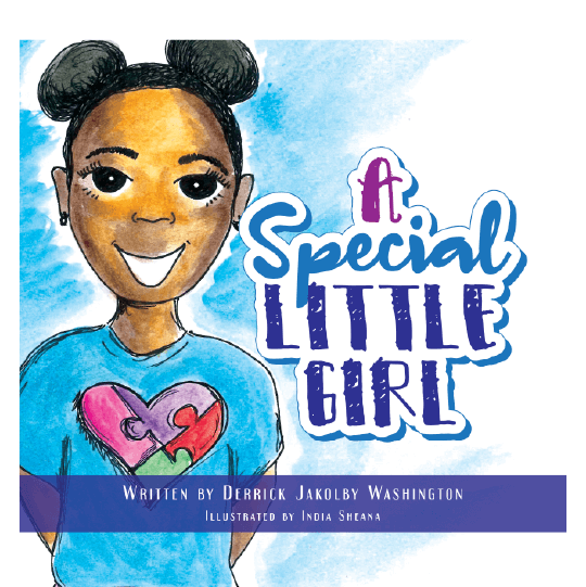 Smiling girl wearing a t-shirt with four puzzle pieces forming a heart. Text: A Special Little Girl.