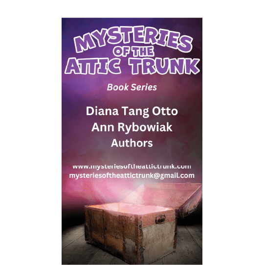 Wooden trunk with open lid and purple light illuminating. Text: Mysteries of the Attic Trunk Book Series.