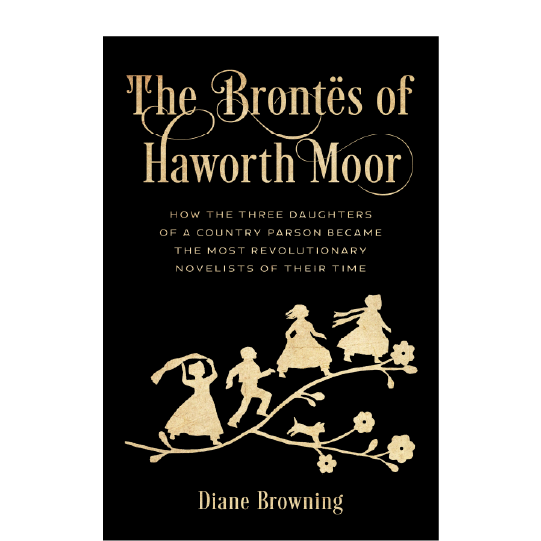 Silhouette of three girls, a boy, and a cat running on a flowering stem. Text: The Brontës of Haworth Moor. How the three daughters of a parson became the most revolutionary novelists of their time.