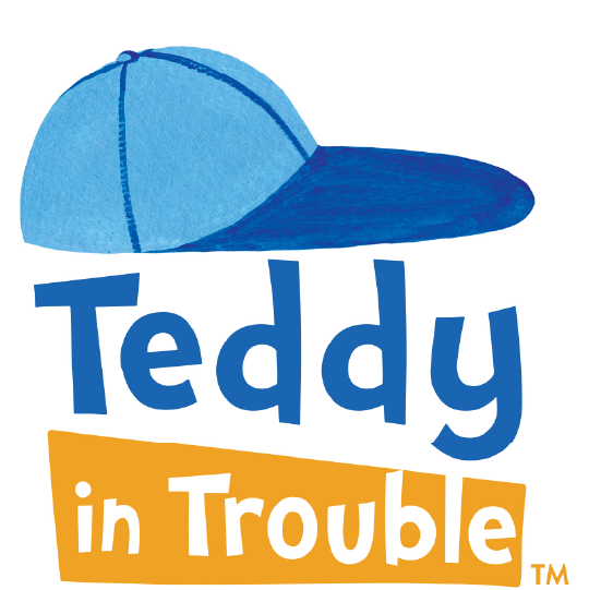 Side view of a blue baseball cap. Text: Teddy in Trouble.
