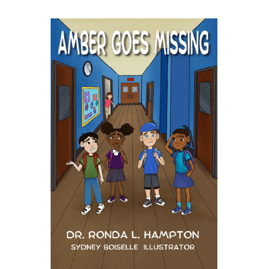 Four diverse students looking puzzled or concerned in the school hallway. Text: Amber Goes Missing.