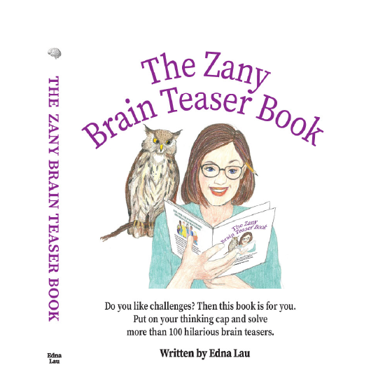 Smiling woman and owl looking at a book whose cover has the same exact image. Text: The Zany Brain Teaser Book. Do you like challenges? Then this book is for you. Put on your thinking cap and solve more than 100 hilarious brain teasers.