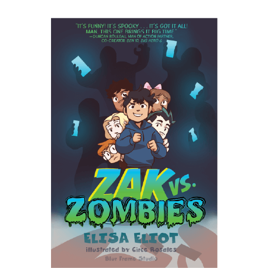 Young man standing with five scared young people hiding behind him and four dark shadows holding blue screen cell phones are looming in the background. Text: Zak vs. Zombies.