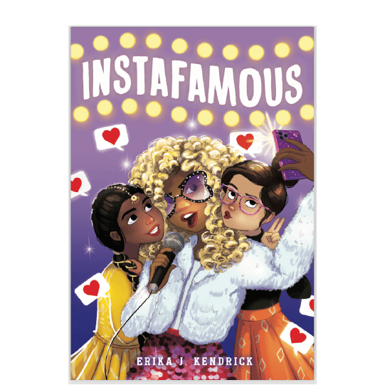 Singer holding a microphone taking a selfie with two other girls surrounded by social media posts with hearts. Text: Instafamous.