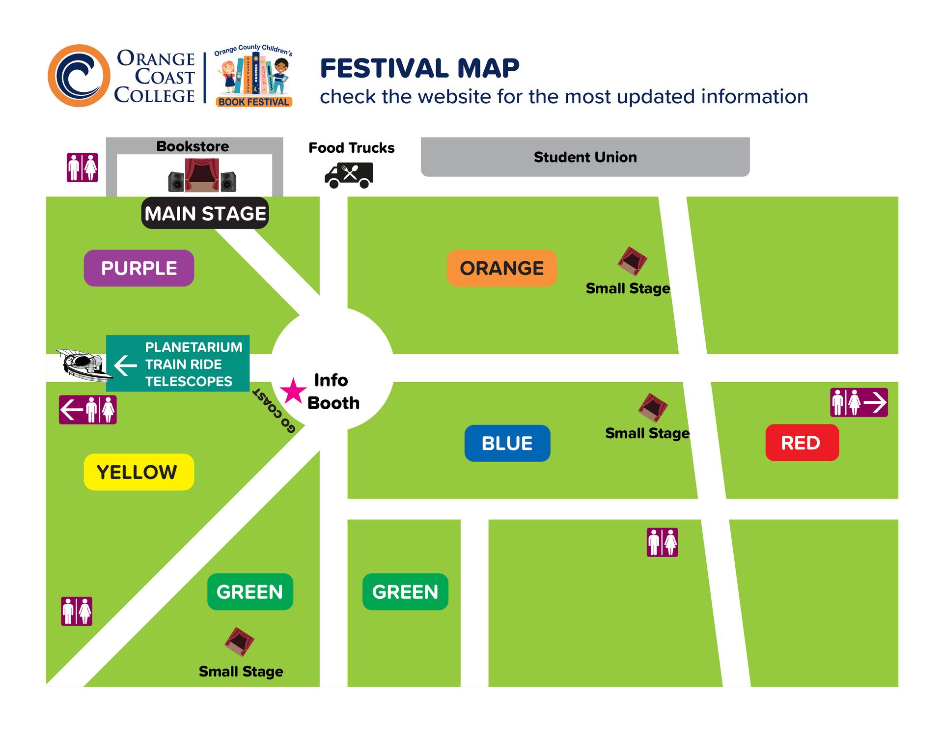 Orange County Children's Book Festival Map shows locations of the stages, booths by color, restrooms, food trucks, planetarium, train rides, telescopes, and info booth.