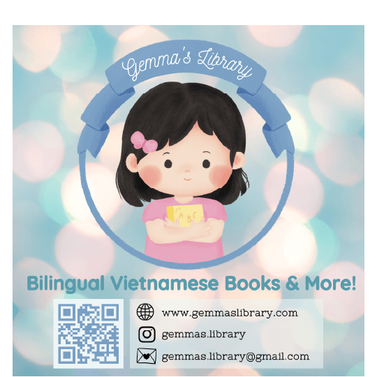 Little girl hugging a book. Text: Gemma’s Library. Bilingual Vietnamese Books & More!