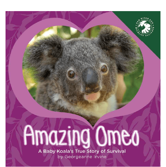 Young koala inside a heart-shaped cutout. Text: Amazing Omeo. A Baby Koala’s True Story of Survival By Georgeanne Irvine..