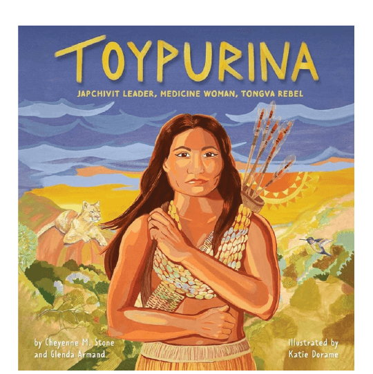 Strong Native Amerian woman in traditional clothing with arrows carried on her back is standing in the natural landscape. Text: Toypurina. Japchivit Leader, Medicine Woman, Tongva Rebel.