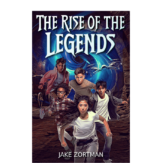 Five young people in a cave running with a drone close behind and a blue swirling light. Text: The Rise of the Legends.