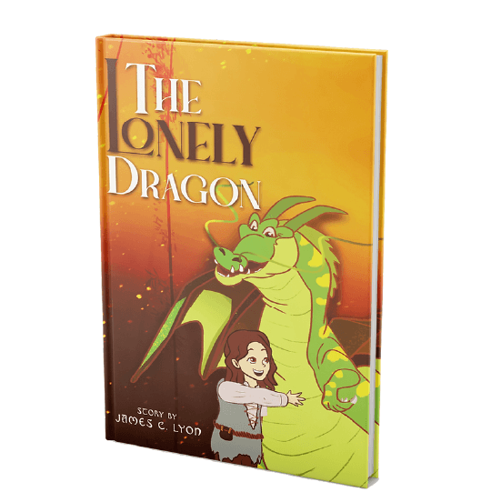 Young person dressed in medieval clothing is hugging a large friendly dragon. Text: The Lonely Dragon.