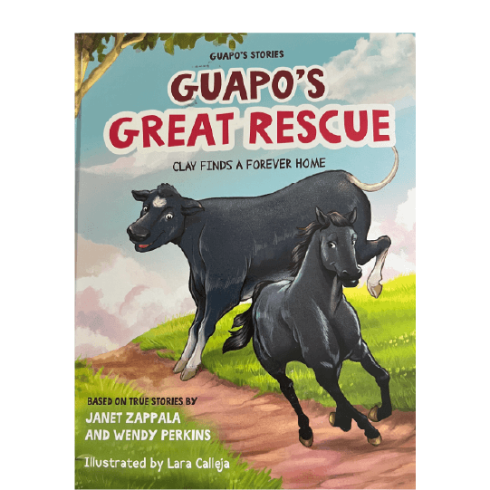 Horse running down a dirt path with eyes looking back at a cow just behind leaping across the path. Text: Guapo’s Great Rescue: Clay Finds a Forever Home.