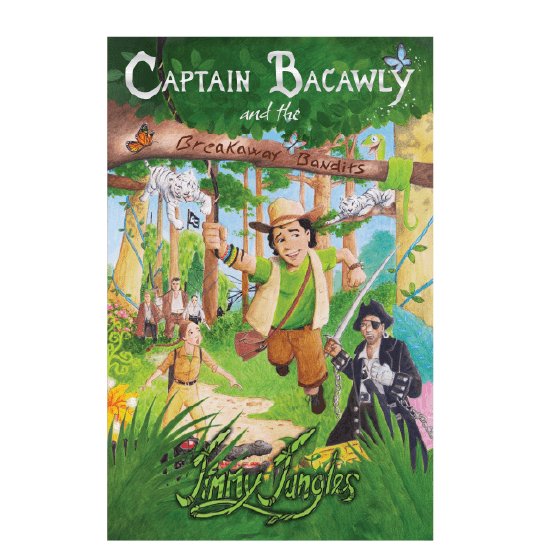 Man swinging through the jungle and leaving behind a group of people, tigers, a girl, and pirate with his sword drawn. Text: Captain Bacawly and the Breakaway Bandits.