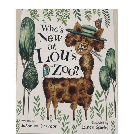 Animal with a funny expression is wearing a hat and chewing straw outside with two birds wearing hats. Text: Who’s New at Lou’s Zoo?