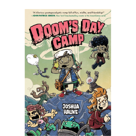 Boy with his hand on the side of his head looking unsure as various characters and creatures are taking off in separate directions. Text: Doom’s Day Camp.
