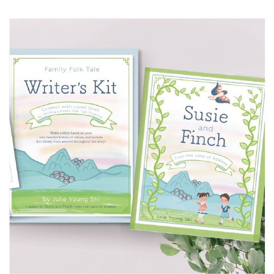 Book on the left shows a mountain scene. Text: Family Folk Tale. Writer’s Kit. Connect with loved ones by writing a folk tale together. Book on the right shows the same mountain scene with a girl and boy, vines, and a bird. Text: Susie and Finch. From the Land of Azaleas.