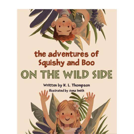 Girl smiling with arms raised and standing among tropical plants. Opposite and upside down, a boy with a surprised expression has one arm raised with his hand touching the side of his head and standing among tropical plants. Text: On the Wild Side: The Adventures of Squishy and Boo series.