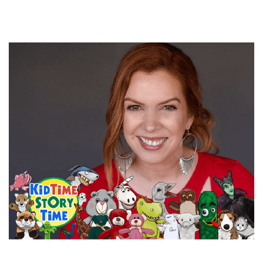 Various cartoon characters in front of a smiling woman. Text: KidTime StoryTime.