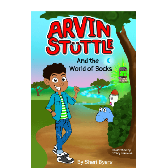 Young teen on a dirt path, two socks with surprised faces emerging from a bush, and a glowing well in the background. Text: Arvin Stüttle and the World of Socks.