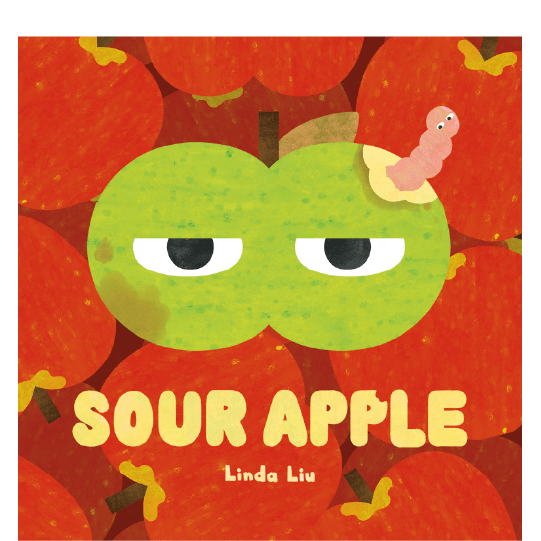 Green apple with serious eyes, a brown spot, and a worm coming out is in front of a background of red apples. Text: Sour Apple.