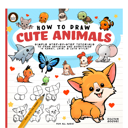 Step-by-step drawing of a cute dog as well as various cute animals, such as a bat, elephant, turtle, and shark. Text: How to Draw Cute Animals: Simple step-by-step tutorials to draw anything and everything in kawaii, chibi, & cute style!