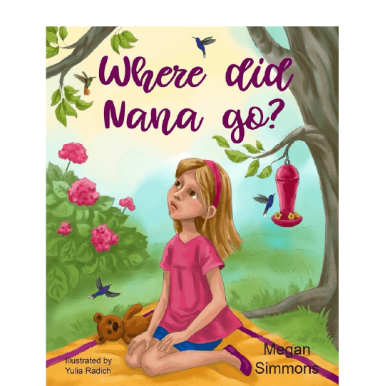 Girl sitting on a blanket outside and looking up with a neutral expression. Text: Where did Nana go?