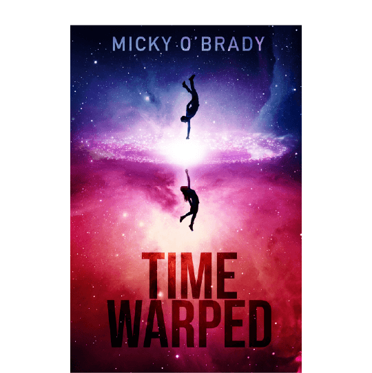 In a galaxy-looking background, two black silhouettes of individuals are separated by a white glowing ring—one individual is suspended in air facing down with his arm reaching down; the other is facing up with her arm reaching up. Text: Time Warped.