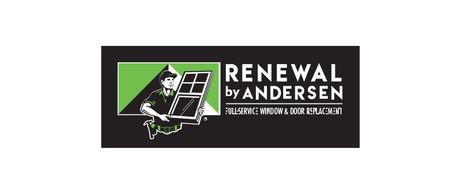 Renewal by Andersen logo. Text: Full-Service Window & Door Replacement