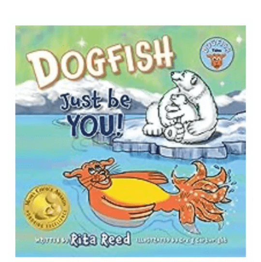 Dog with fins for arms and a special tail swimming on his back past a polar bear parent and cub sitting on ice. Text: DOGFISH: Just Be You!