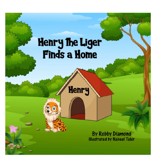 Small animal with a lion’s mane and tiger stripes sitting in front of a dog house with the name Henry. Text: Henry the Liger Finds a Home.