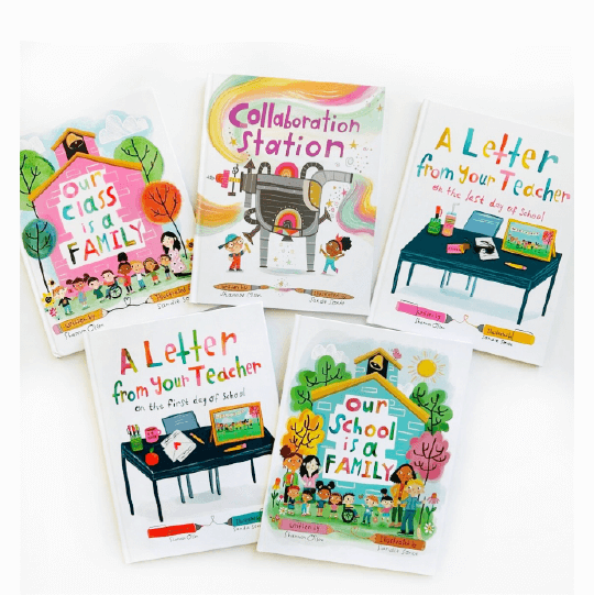 Collection of five books related to school. Text: Our Class Is a Family. Collaboration Station. A Letter from Your Teacher—On the First Day of School. A Letter from Your Teacher—On the Last Day of School. Our School Is a Family.